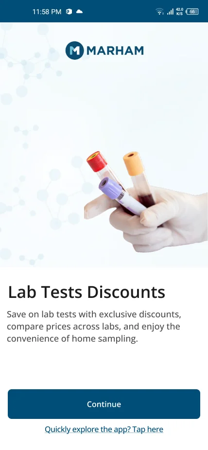 Welcome card: Lab Tests Discounts.