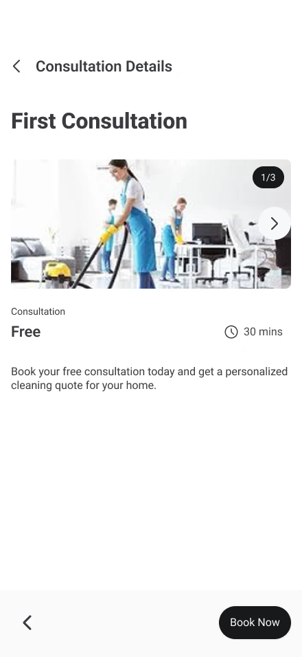 Consultation details: free, 30 minutes, with Book Now.