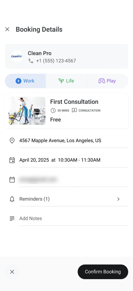 Booking Details with Confirm Booking. The email is blurred.