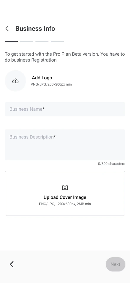Business Info: logo, business name, description and cover image.
