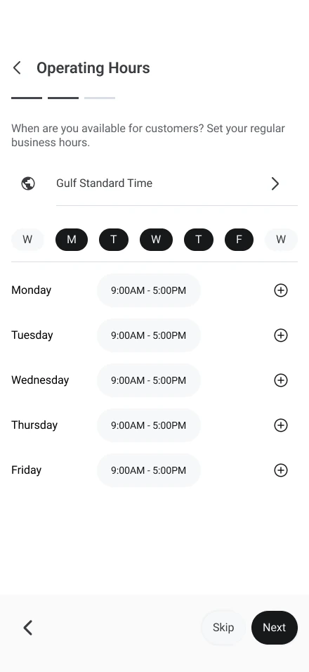 Operating Hours for each weekday.